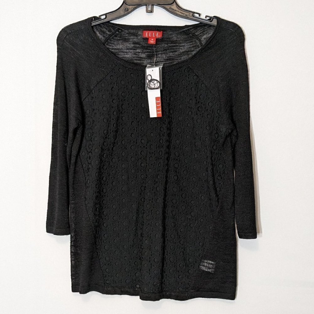 Women's ELLE, Black, Lace Front, 3/4 Sleeves, Pullover Tunic Top; Size XS